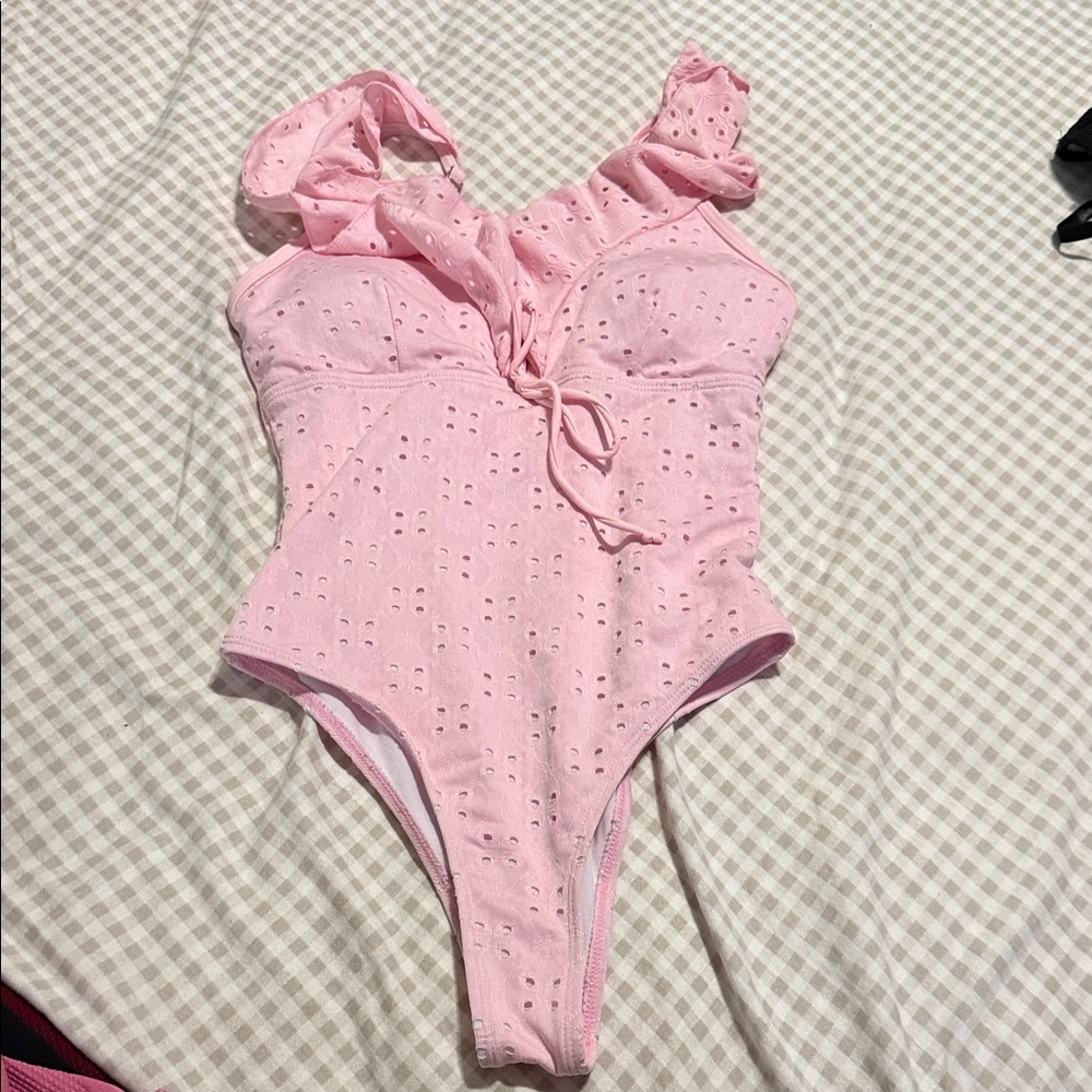 SHEIN Pink Eyelet One Piece Swimsuit